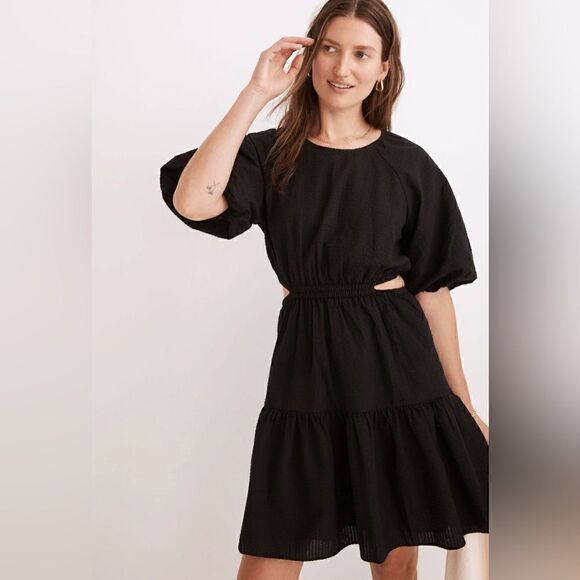 NWT Madewell with FLAWS Seersucker Puff-Sleeve Cutout Mini Dress in Black Size L - Picture 11 of 11